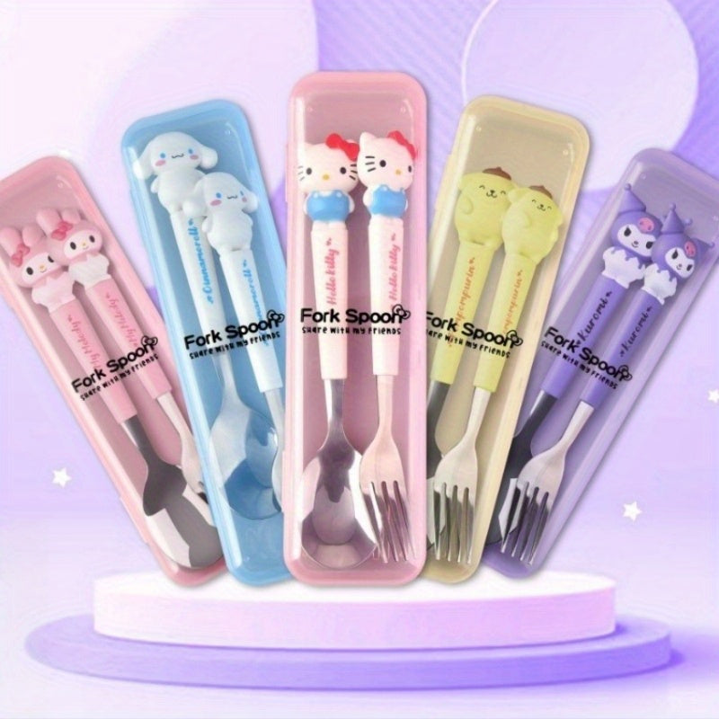 KT Cutlery Set - Outdoor Chopsticks, Knife & Fork Sanrio 2pcs Set: Hello Kitty, Cinnamon Dog, Melody Spoon and Fork Combo, Cute Cartoon Stainless Steel with 3D Silicone Handle for Camping Picnic, All-Season Use