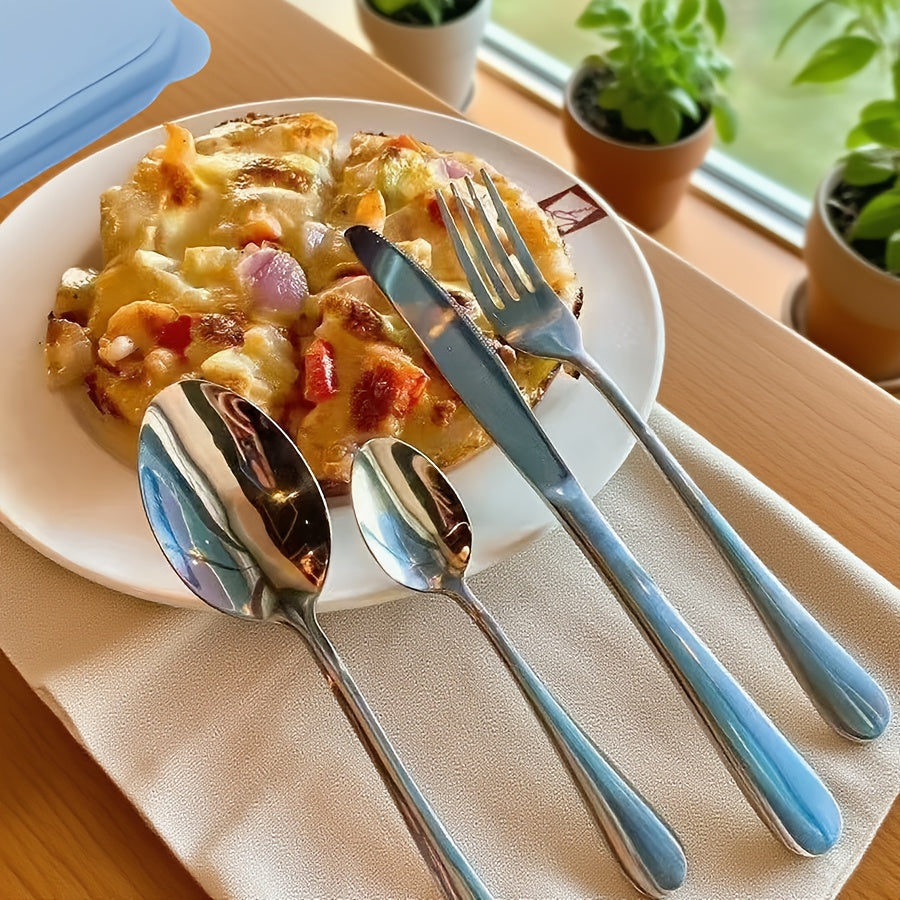 5pcs Portable Stainless Steel Cutlery Set with Storage Box, Reusible Silverware Camping Utensils Includes Fork Spoon Knife Dishwasher Safe for Work School Picnic Travel Lunchbox Kit