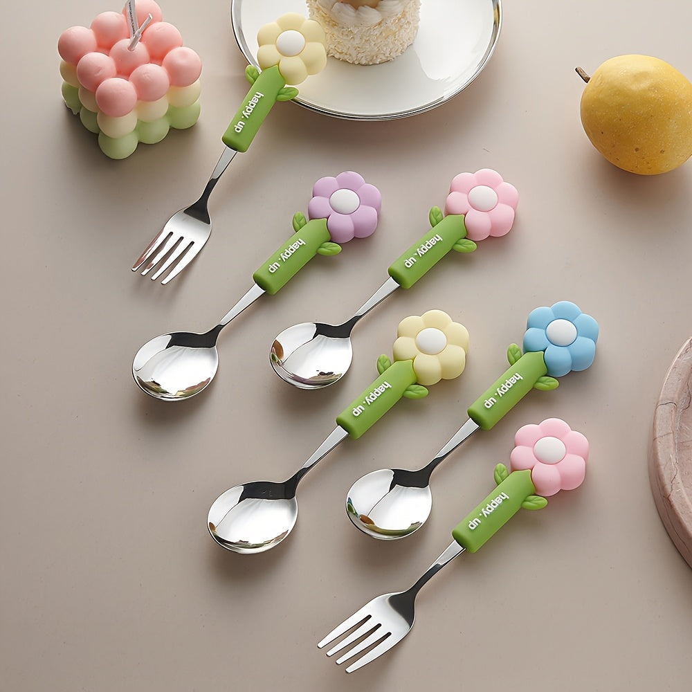 4pcs Flower Silicone Handle Fork and Spoon Set Stainless Steel Tableware Suitable for Kitchen Restaurant Hotel Carrying Party Travel Camping