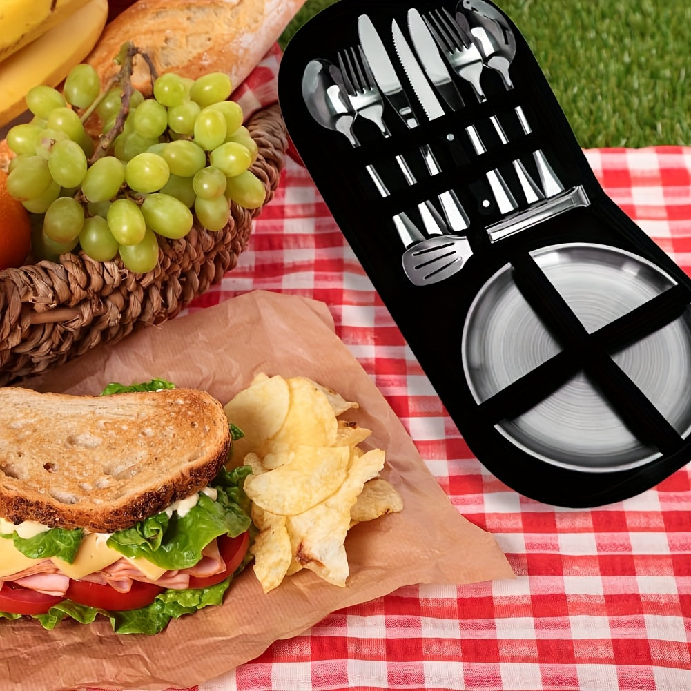 21pcs Portable Cutlery Set - Durable Outdoor Picnic Tools, Stainless Steel Camping Utensils with Steak Knives, Dinner Forks, Plates, Soup Spoons, Bottle Opener, Tongs & Storage Bag, Dishwasher Safe, Reusable for Travel, Backpacking, Camping, Parties, and