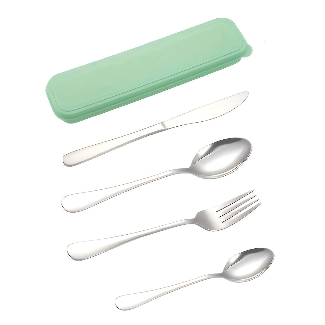 5pcs Portable Stainless Steel Cutlery Set with Storage Box, Reusible Silverware Camping Utensils Includes Fork Spoon Knife Dishwasher Safe for Work School Picnic Travel Lunchbox Kit