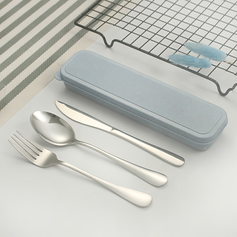5pcs Portable Stainless Steel Cutlery Set with Storage Box, Reusible Silverware Camping Utensils Includes Fork Spoon Knife Dishwasher Safe for Work School Picnic Travel Lunchbox Kit