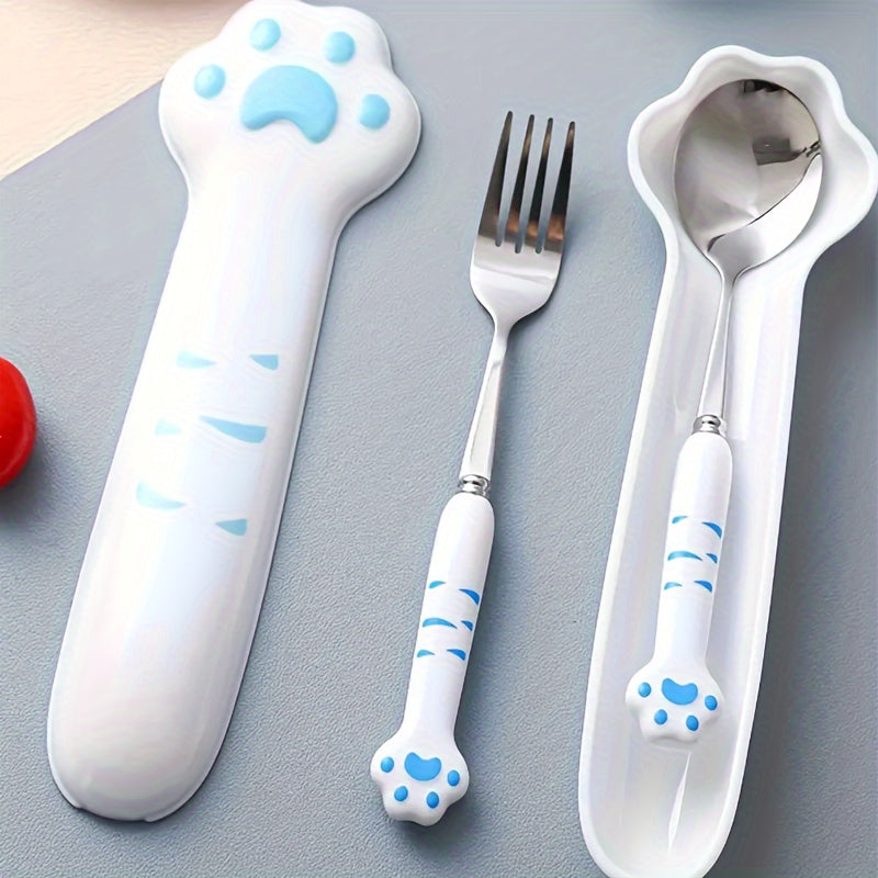 2pcs Stainless Steel Outdoor Cutlery Set with Cute Paw-Shaped Case - Portable & Reusable Forks & Spoons with Ergonomic Handle, Pink Paw Print & Heart Cutouts for Camping, Picnic, Travel - Durable & Hygienic, Compact & Lightweight, Ideal for Hiking, Beach,