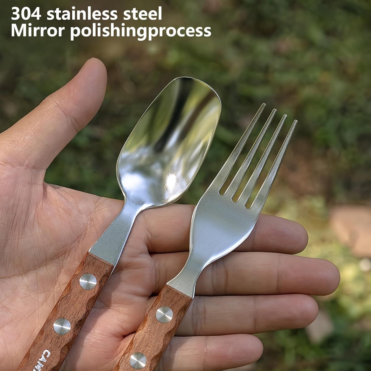 Campingmoon Stainless Steel Camping Fork and Spoon Combo 2- Pack Metal Sporks Set of 2 with Solid Wood Handle Salad Forks Spork Camping Utensil for Hiking Backpacking, Camping Accessories And Equipment, Camping Gear, Camping Dinnerware Set, Camping Kit,