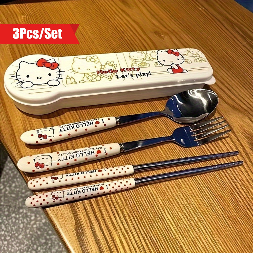 Set of 3pcs, 6pcs in 2 Sets. Adorable for hello kitty Stainless Steel Travel Cutlery Set - Sturdy, Food-Safe, Convenient to Carry, Compact Design, Ideal for Outdoor Activities, School, Office, And Everyday Use - High-Quality, Halloween Themed., Daily