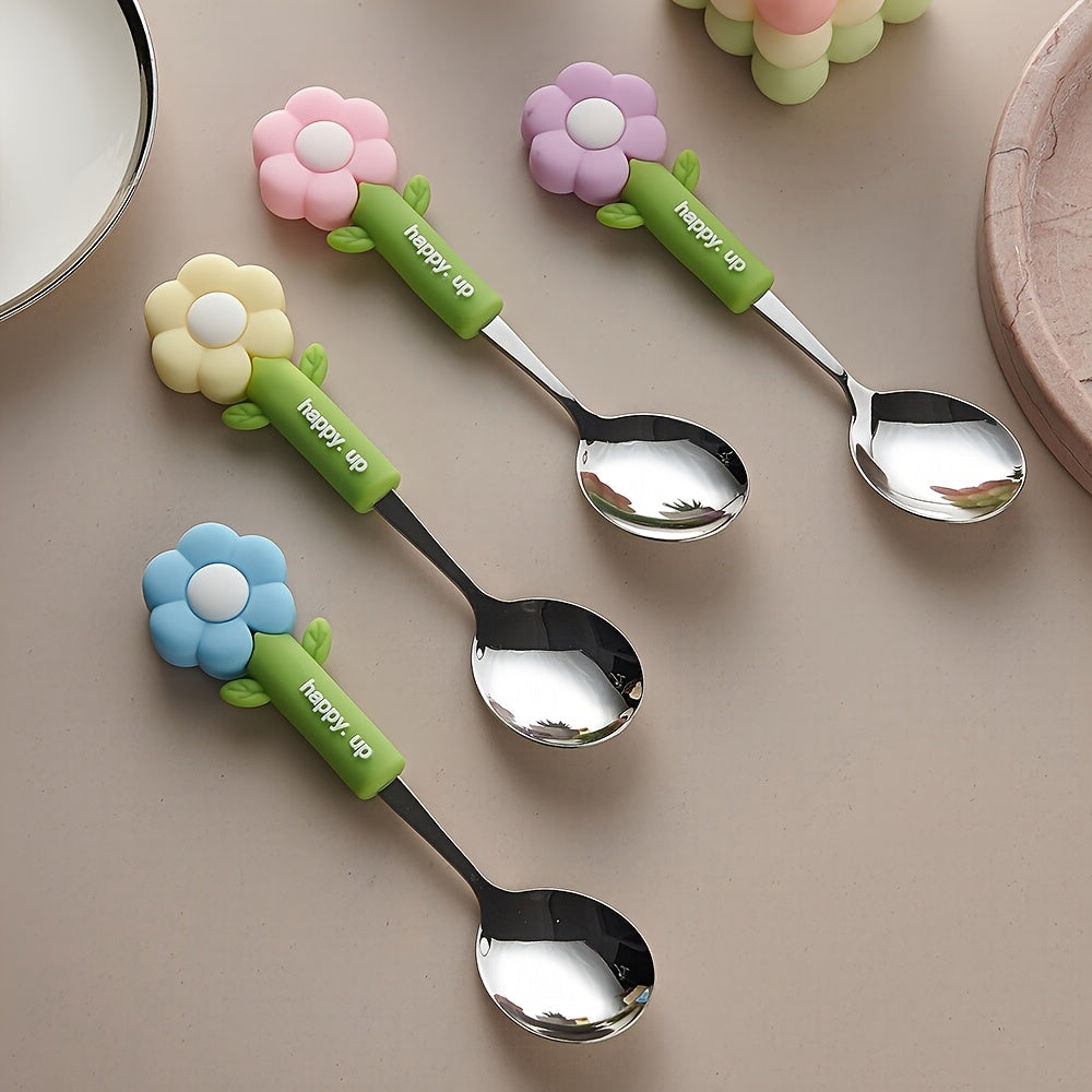 4pcs Flower Silicone Handle Fork and Spoon Set Stainless Steel Tableware Suitable for Kitchen Restaurant Hotel Carrying Party Travel Camping