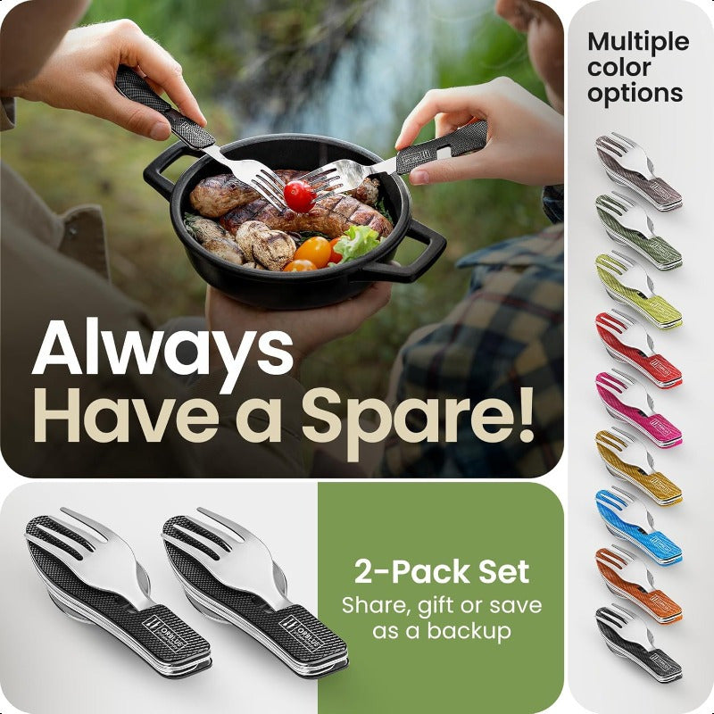 2-Pack Heavy-Duty Stainless Steel 4-in-1 Compact Camping Utensil Set with Detachable Fork, Knife, Spoon & Bottle Opener - Portable Multitool Flatware with Ergonomic Non-Slip Handle, Sheath & Carrying Case for Backpacking, Hiking, Survival, Travel - Ideal