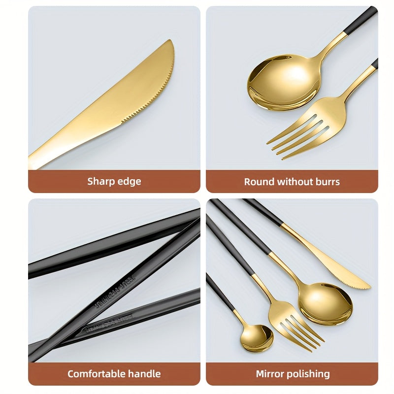 24/30pcs Portuguese Stainless Steel Cutlery Set | 6-Person High-End Mirror Polished Tableware with Steak Knife + Salad Fork + Dessert Spoon | Dishwasher Safe & Rust-Resistant | Suitable for Home/Restaurant/Party | Recommended Christmas Gift | Black Golden