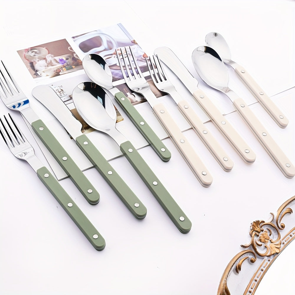 12/16pcs mirror tableware set, main knife fork spoon tea spoon acrylic plastic handle tableware, stainless steel daily tableware set, suitable for kitchen and home use, Best for Christmas, Perfect for Thanksgiving