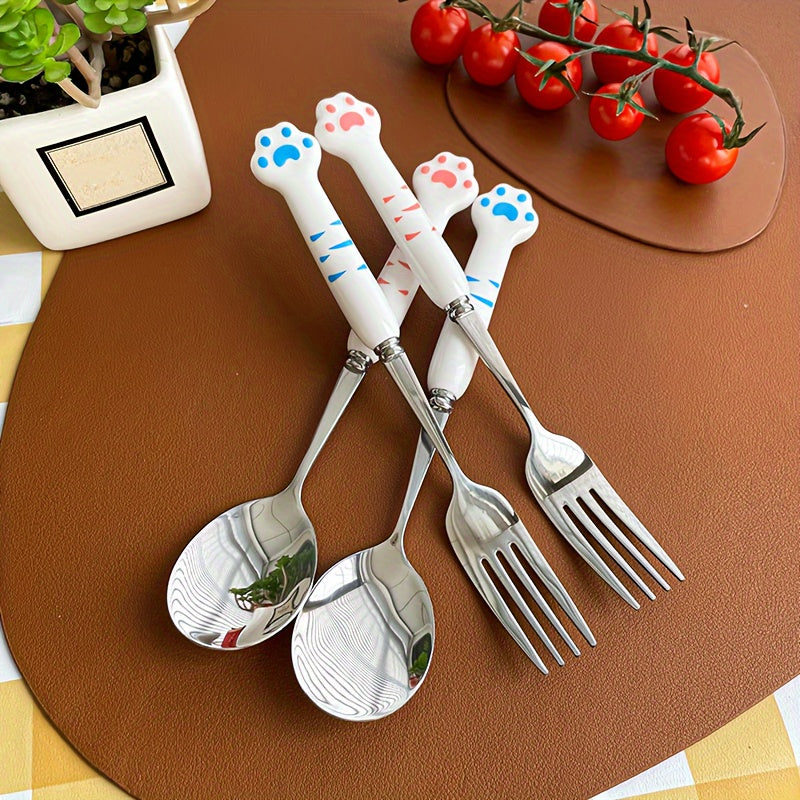 2pcs Stainless Steel Outdoor Cutlery Set with Cute Paw-Shaped Case - Portable & Reusable Forks & Spoons with Ergonomic Handle, Pink Paw Print & Heart Cutouts for Camping, Picnic, Travel - Durable & Hygienic, Compact & Lightweight, Ideal for Hiking, Beach,