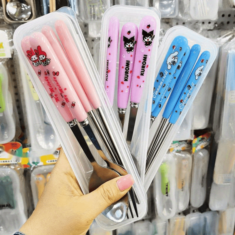 Sanrio for hello kitty, for Kuromi & for Cinnamoroll Stainless Steel Flatware Set - 3pcs Cute Character Cutlery with Portable Case, 304 Stainless Steel Fork Spoon Chopsticks for Home, Travel, Parties, Outdoor - Collectible Gift for Fans, Themed Party