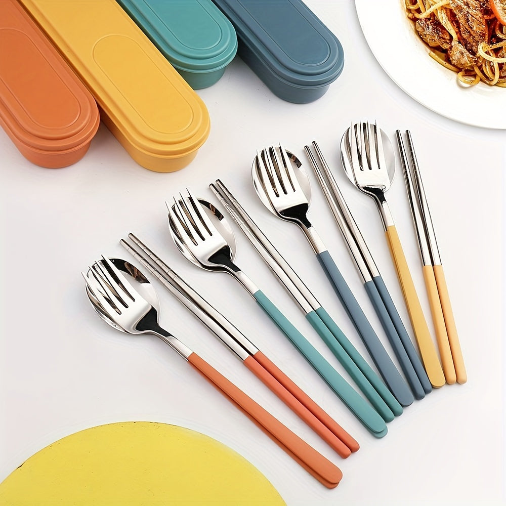 4pcs/ set Travel Utensils, Stainless Steel Cutlery Set Portable Reusable Camping Silverware, Include Fork Spoon Chopsticks with Case, Flatware Set, Cutlery