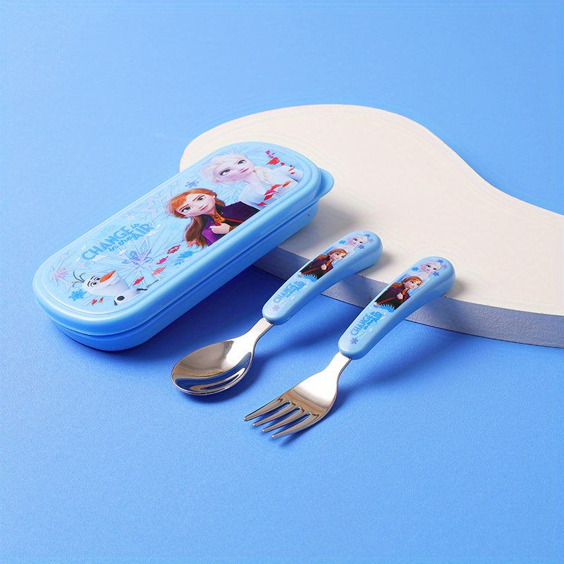 2pcs/set Elsa Stainless Steel Fork And Spoon Set with Box, Cartoon Cute Anna Portable Reusable Tableware, Kawaii Home And Outdoor School Supplies, Camping Accessories Christmas Birthday Gift