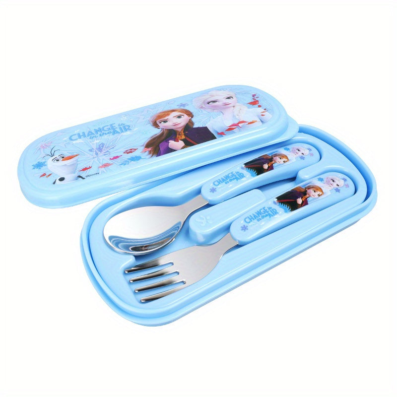 2pcs/set Elsa Stainless Steel Fork And Spoon Set with Box, Cartoon Cute Anna Portable Reusable Tableware, Kawaii Home And Outdoor School Supplies, Camping Accessories Christmas Birthday Gift