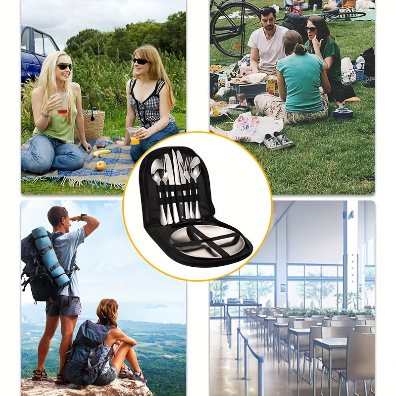 Personalized 10pcs Stainless Steel Camping Utensil Set, Portable, Sturdy, and Lightweight Outdoor Picnic Accessories, Including Plates, Forks, Spoons, Steak Knives, Hiking, Backpacking, Camping Picnics, and Travel Essentials