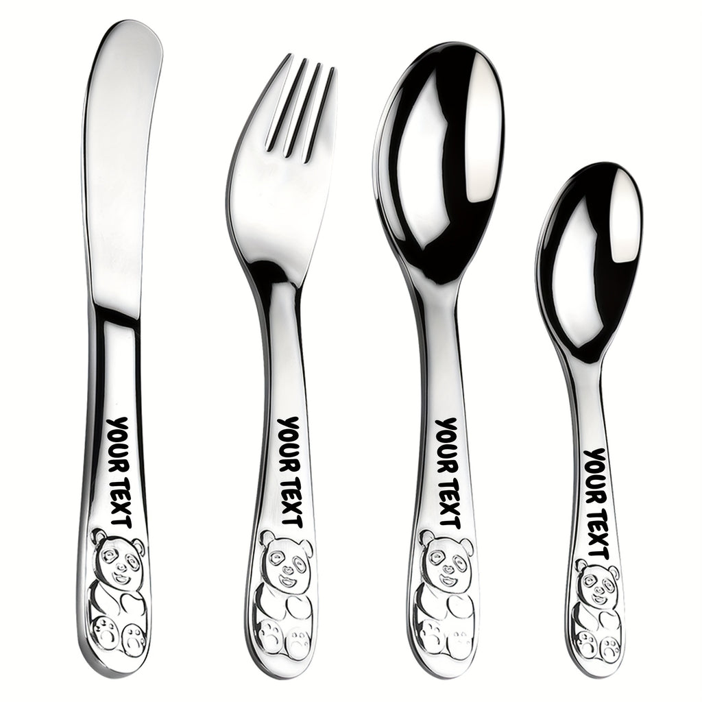 4pcs Custom Engraved Stainless Steel Cutlery Set, Cute Bear Design, Durable Tableware with Gift Box, Ideal for Family Gatherings & Everyday Use