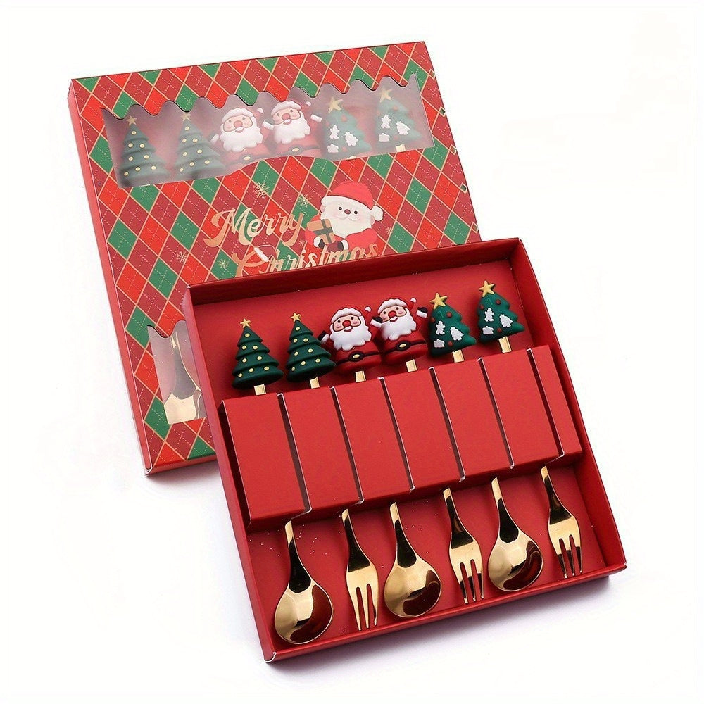 6pcs Stainless Steel Holiday Cutlery Set with Santa & Snowman Dessert Spoons and Forks - 410 Grade Rust-Resistant Christmas, Halloween, Thanksgiving & Eid al-Fitr Gift Box - Festive Tableware for Family Gatherings, Parties, and Seasonal Decorations -