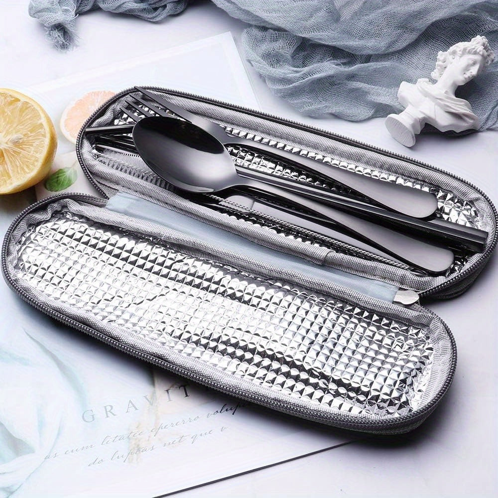 Portable Stainless Steel Flatware Set, Travel Camping Cutlery, Portable Utensil Silverware Dinnerware Set with a Case (Black)