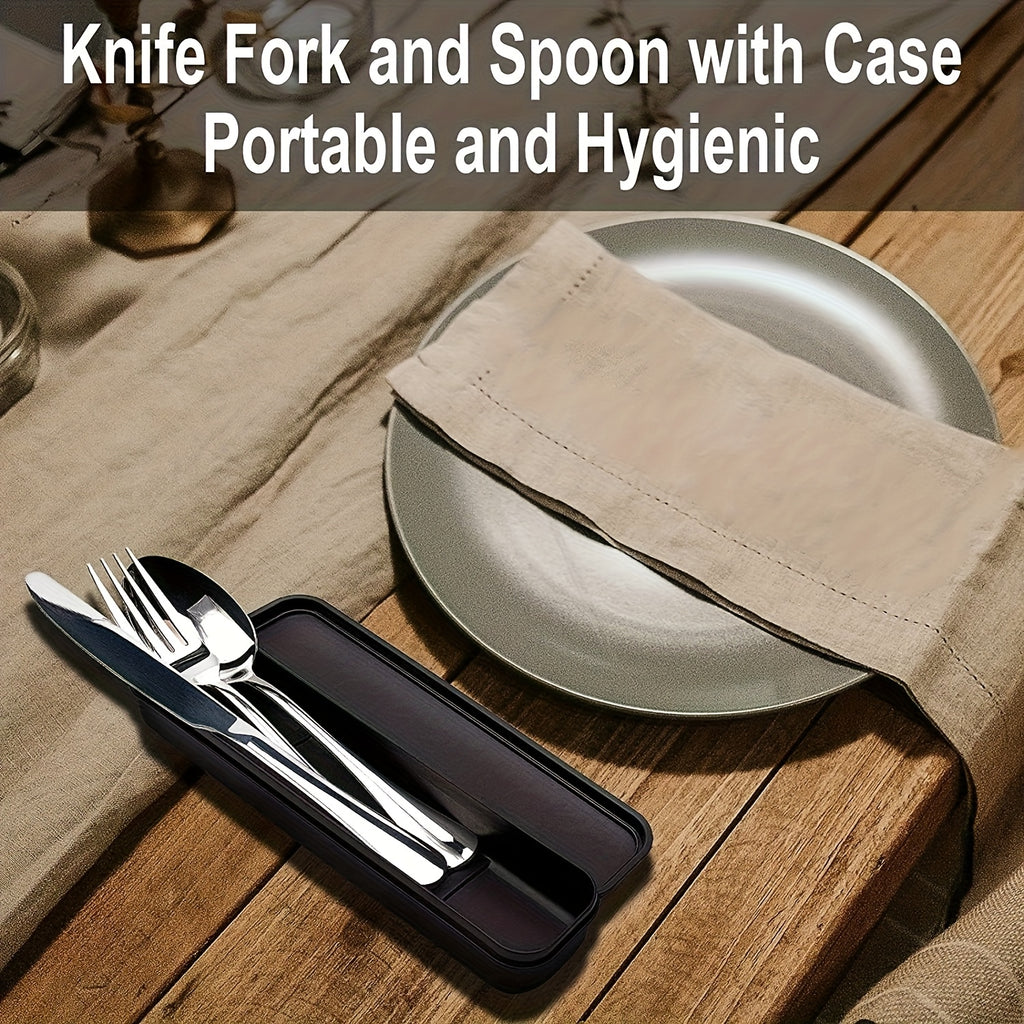4pcs Customized Text, Engraved 3pcs Stainless Steel Cutlery Set, Portable Knife Fork Spoon and Box, Silvery/Black, Essential for Couples, Travel, Camping, Office, School Restaurant Lunch Box, Christmas Gift
