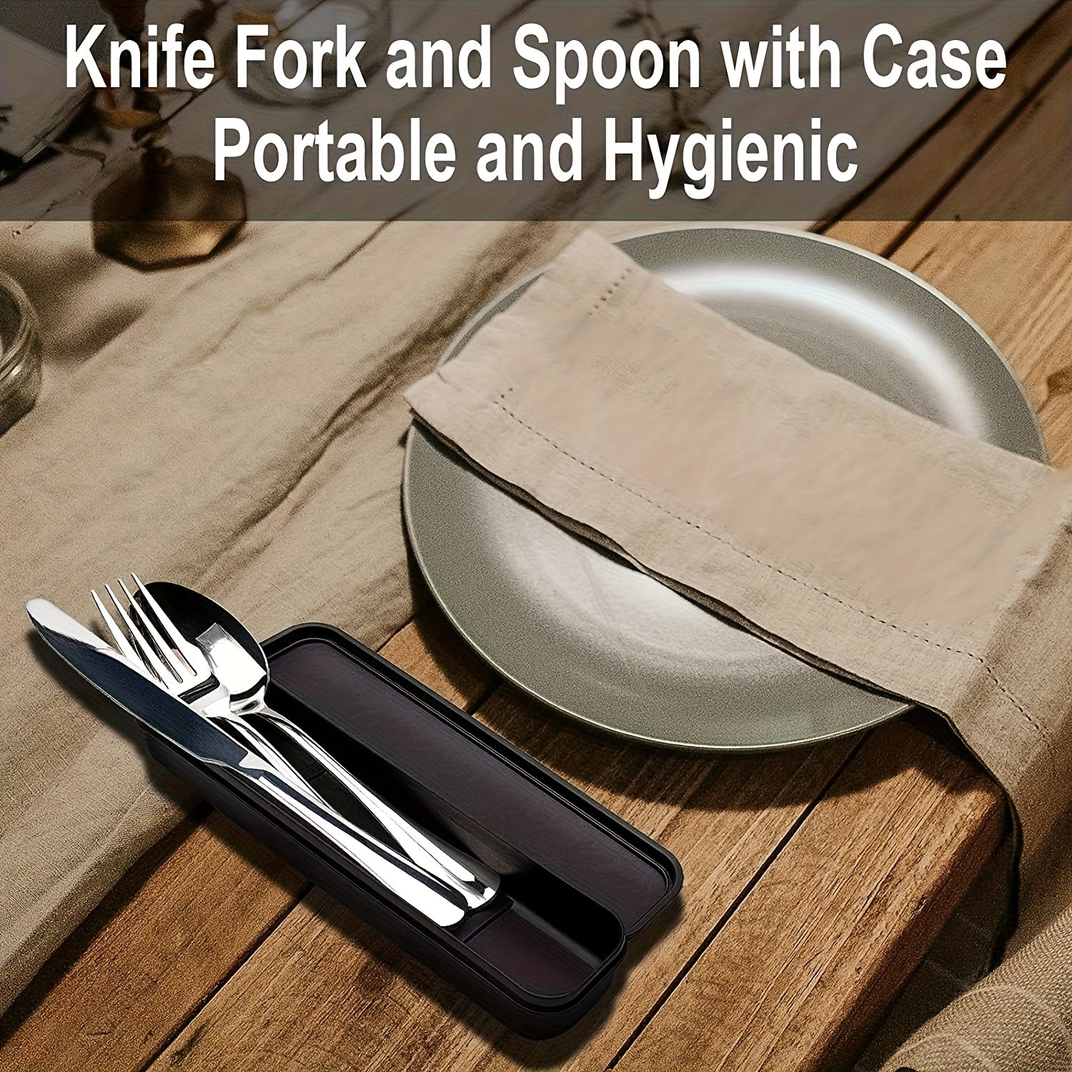 4pcs Customized Text, Engraved 3pcs Stainless Steel Cutlery Set, Portable Knife Fork Spoon and Box, Silvery/Black, Essential for Couples, Travel, Camping, Office, School Restaurant Lunch Box, Christmas Gift