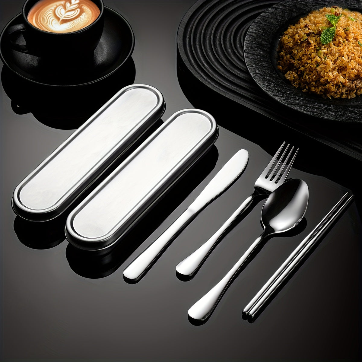 Customize your text with a 3/4pcs 304 Silvery stainless steel knives, forks, spoons, and portable cutlery boxes. The silverware set is easy to store, not damaged, and suitable for going out, picnicking, camping, outdoor activities, and school season
