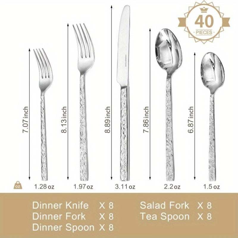 40pcs Hammered Silverware Set 8, 1810 Stainless Steel Heavy Duty Flatware Set, Tableware Cutlery Utensil Sets Home Restaurant Dishwasher Safe, Perfect for Thanksgiving, Christmas, Halloween, Easter, Mother'S Day, Father'S Day, Thanksgiving Decorations,