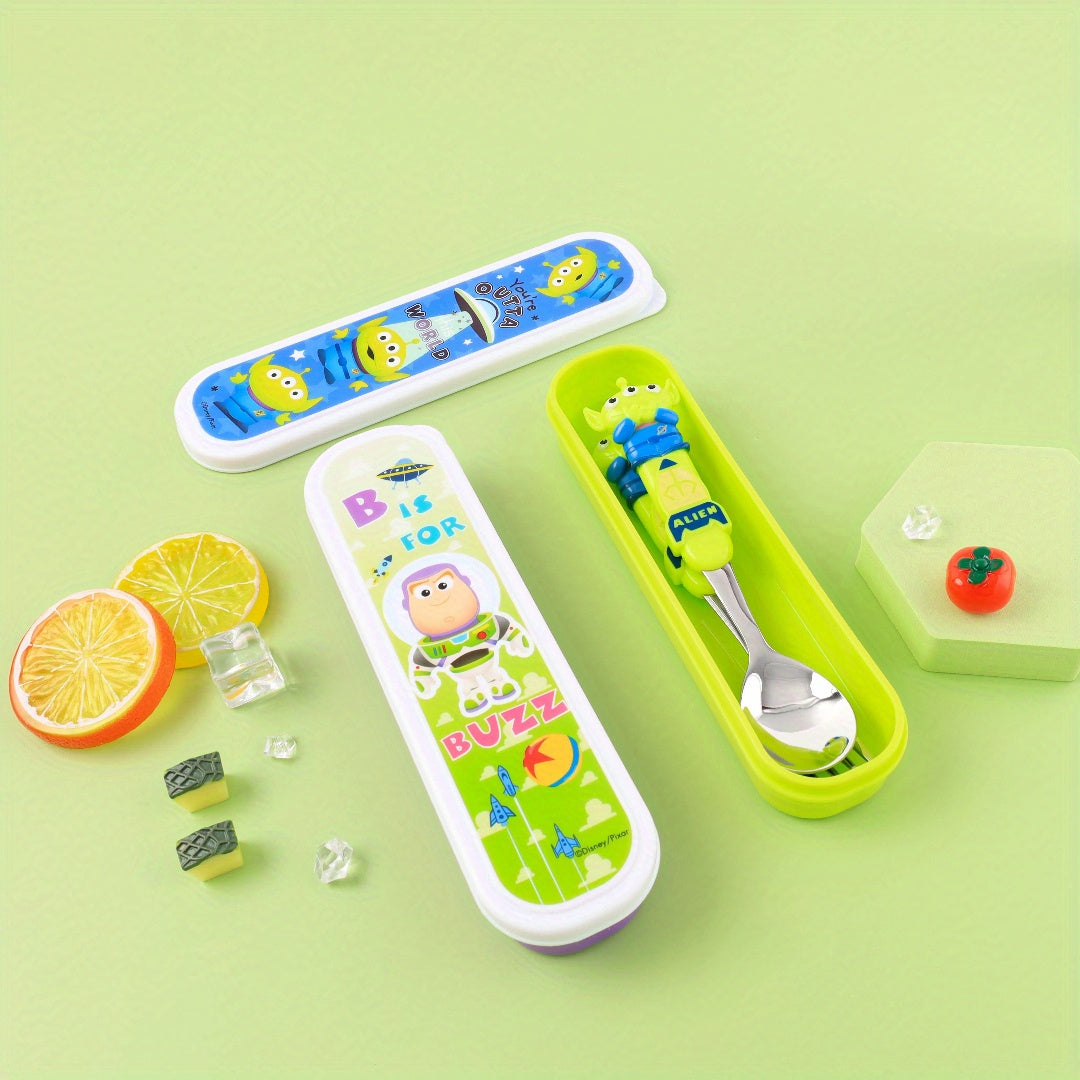 [Buzz Lightyear Cutlery Set] 3pcs Buzz Lightyear Stainless Steel Cutlery Set - Space-Themed Spoon, Fork & Box, Durable & Lightweight, Perfect for Lunch, Camping, Picnics, Work, and Travel, Ideal Gift for Friends, Camping Essentials | Playful Design |