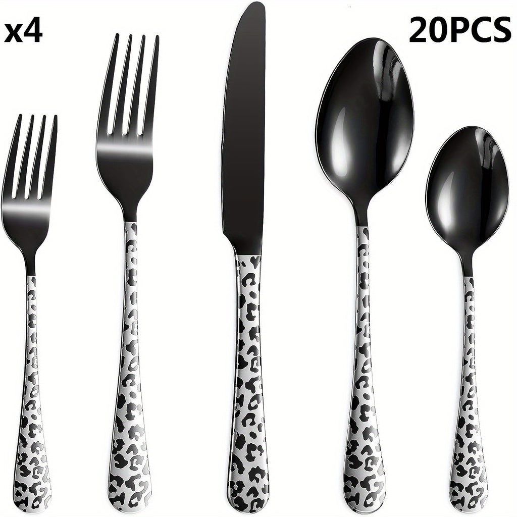 Black cutlery set includes spoons, forks, knives, stainless steel cutlery set, leopard print pattern innovative cutlery set, 5/20pcs, dishwasher washable, mirror polished cutlery set