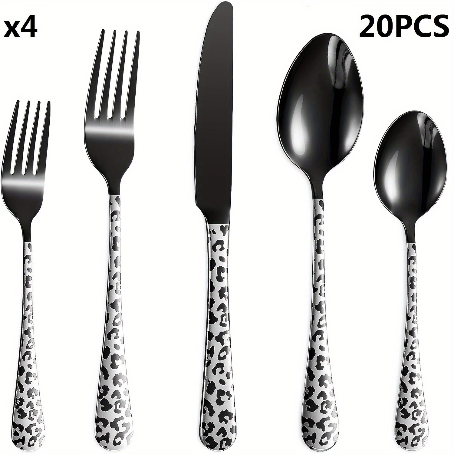 Black cutlery set includes spoons, forks, knives, stainless steel cutlery set, leopard print pattern innovative cutlery set, 5/20pcs, dishwasher washable, mirror polished cutlery set