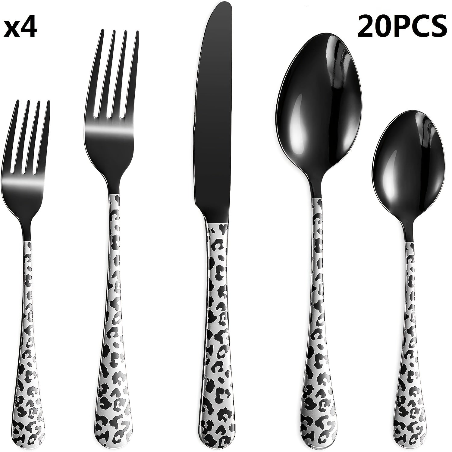 Black cutlery set includes spoons, forks, knives, stainless steel cutlery set, leopard print pattern innovative cutlery set, 5/20pcs, dishwasher washable, mirror polished cutlery set