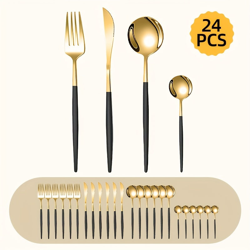 24/30pcs Portuguese Stainless Steel Cutlery Set | 6-Person High-End Mirror Polished Tableware with Steak Knife + Salad Fork + Dessert Spoon | Dishwasher Safe & Rust-Resistant | Suitable for Home/Restaurant/Party | Recommended Christmas Gift | Black Golden