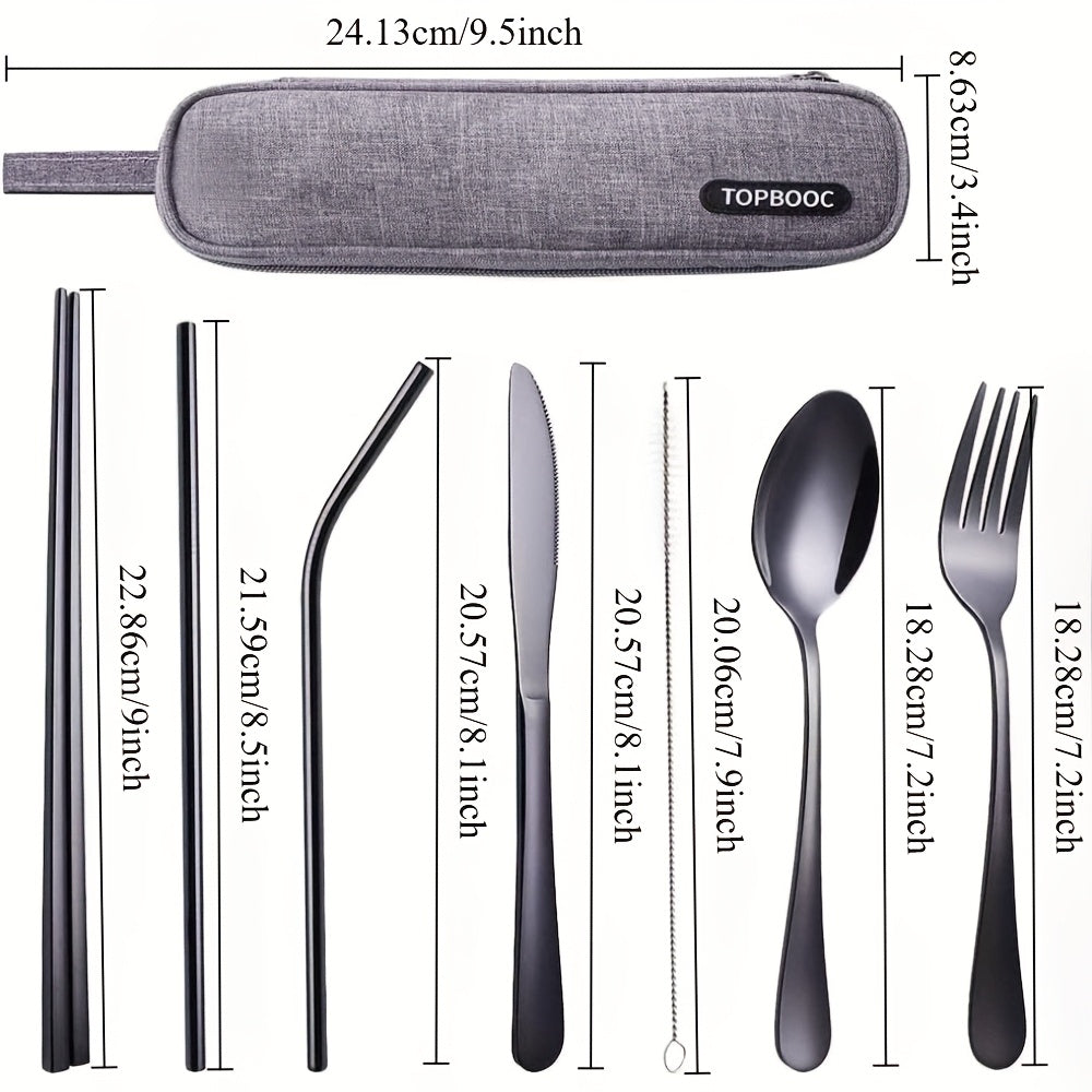 Portable Stainless Steel Flatware Set, Travel Camping Cutlery, Portable Utensil Silverware Dinnerware Set with a Case (Black)