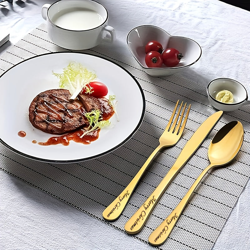 4pcs Customized Unique Stainless Steel Cutlery Set, Knife, Fork and Spoon Set, Recording Beautiful Life, Wedding Gift for Newlyweds, Suitable for Wedding, Wedding Anniversary, Anniversary, Birthday, Holiday, Christmas Gift, Golden