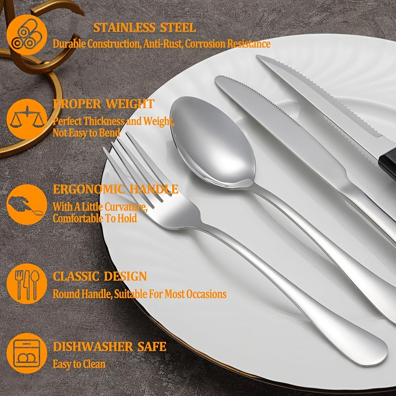 21pcs Portable Cutlery Set - Durable Outdoor Picnic Tools, Stainless Steel Camping Utensils with Steak Knives, Dinner Forks, Plates, Soup Spoons, Bottle Opener, Tongs & Storage Bag, Dishwasher Safe, Reusable for Travel, Backpacking, Camping, Parties, and