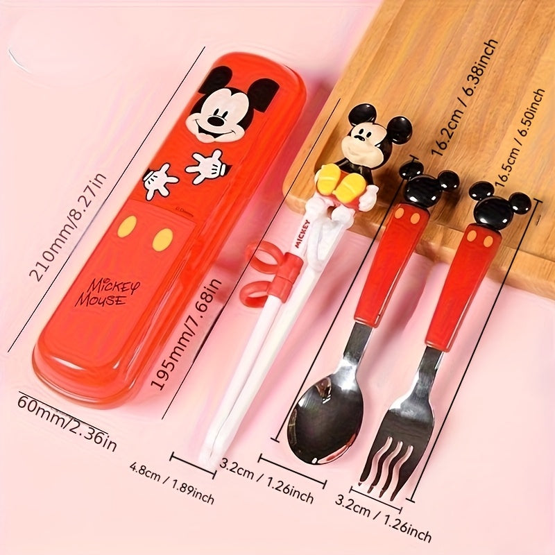 4pcs Training Chopsticks and 304 Stainless Steel Fork and Spoon, Cartoon Novelty Style with Box, Elsa Princess, Mickey and Minnie, Stitch Can Be Selected, Portable Learning Chopsticks Cute Tableware, Suitable for Beginners Outdoor Camping Accessories Home