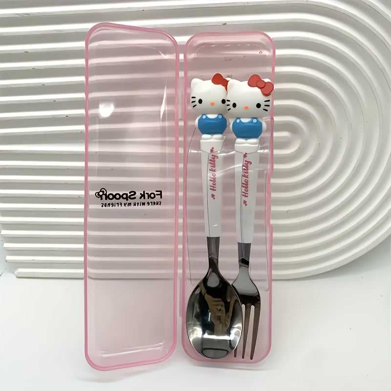 2pcs Sanrio Stainless Steel Portable Cutlery Set - Cute Cartoon Design with Pink Handles, Includes Spoon and Fork, Ideal for Outdoor Travel and Daily Use, Travel Essentials|Playful Design|Durable Cutlery