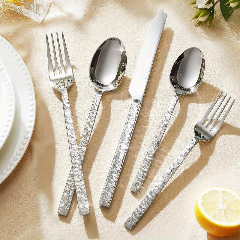 40pcs Hammered Silverware Set 8, 1810 Stainless Steel Heavy Duty Flatware Set, Tableware Cutlery Utensil Sets Home Restaurant Dishwasher Safe, Perfect for Thanksgiving, Christmas, Halloween, Easter, Mother'S Day, Father'S Day, Thanksgiving Decorations,