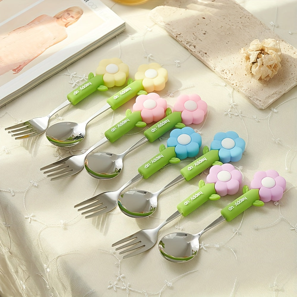 4pcs Flower Silicone Handle Fork and Spoon Set Stainless Steel Tableware Suitable for Kitchen Restaurant Hotel Carrying Party Travel Camping