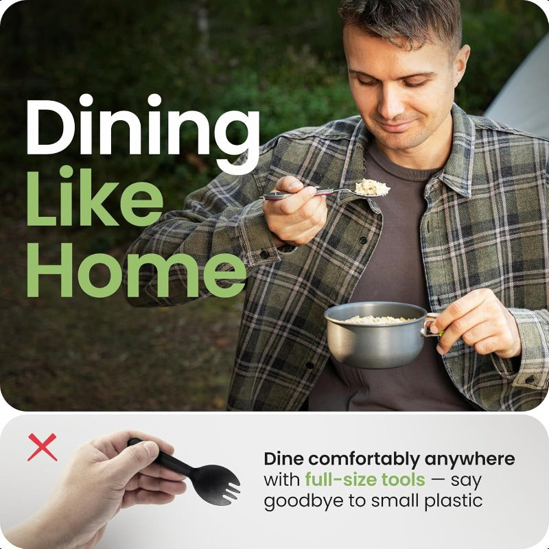 2-Pack Heavy-Duty Stainless Steel 4-in-1 Compact Camping Utensil Set with Detachable Fork, Knife, Spoon & Bottle Opener - Portable Multitool Flatware with Ergonomic Non-Slip Handle, Sheath & Carrying Case for Backpacking, Hiking, Survival, Travel - Ideal