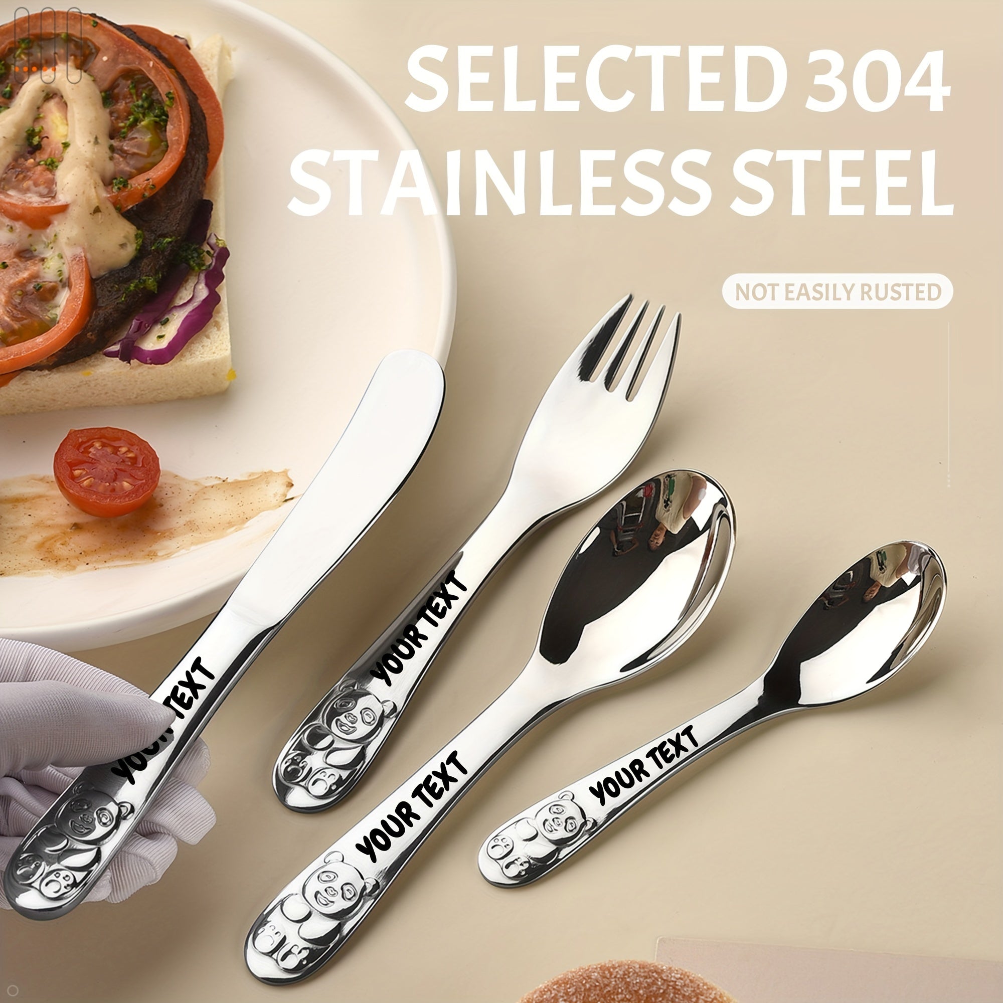 4pcs Custom Engraved Stainless Steel Cutlery Set, Cute Bear Design, Durable Tableware with Gift Box, Ideal for Family Gatherings & Everyday Use