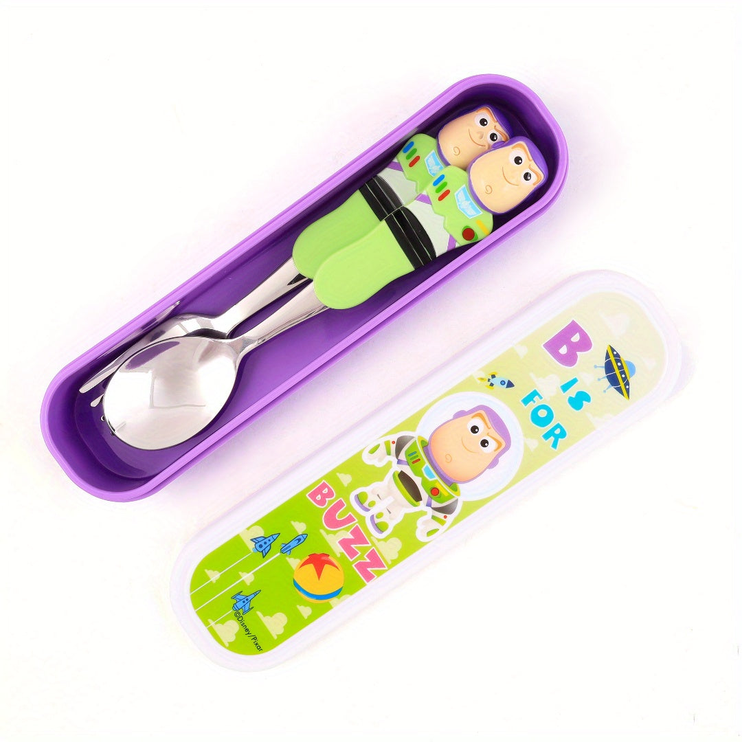 [Buzz Lightyear Cutlery Set] 3pcs Buzz Lightyear Stainless Steel Cutlery Set - Space-Themed Spoon, Fork & Box, Durable & Lightweight, Perfect for Lunch, Camping, Picnics, Work, and Travel, Ideal Gift for Friends, Camping Essentials | Playful Design |