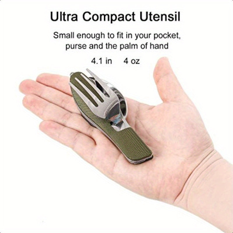 Set of 2 Portable Camping Cutlery with Detachable Design, 4-In-1 Stainless Steel Travel Utensils Including Foldable Knife, Fork, Spoon, And Bottle Opener, Multi-Functional Eating Flatware in Green And Black., Y Travel Practicalism Mens Liaoning