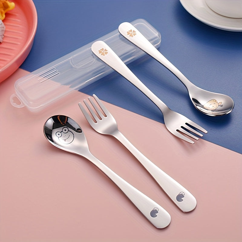 Personalized Customization, 2pcs+Box Portable Cutlery Set with Fork Spoon, Reusable Stainless Steel Fork Spoon Set, Cute Cartoon Cutlery with Cutlery Box, Suitable for Travel, Outdoor Camping, Gift Giving, Cats, Dogs, Pigs, Frogs, Deer