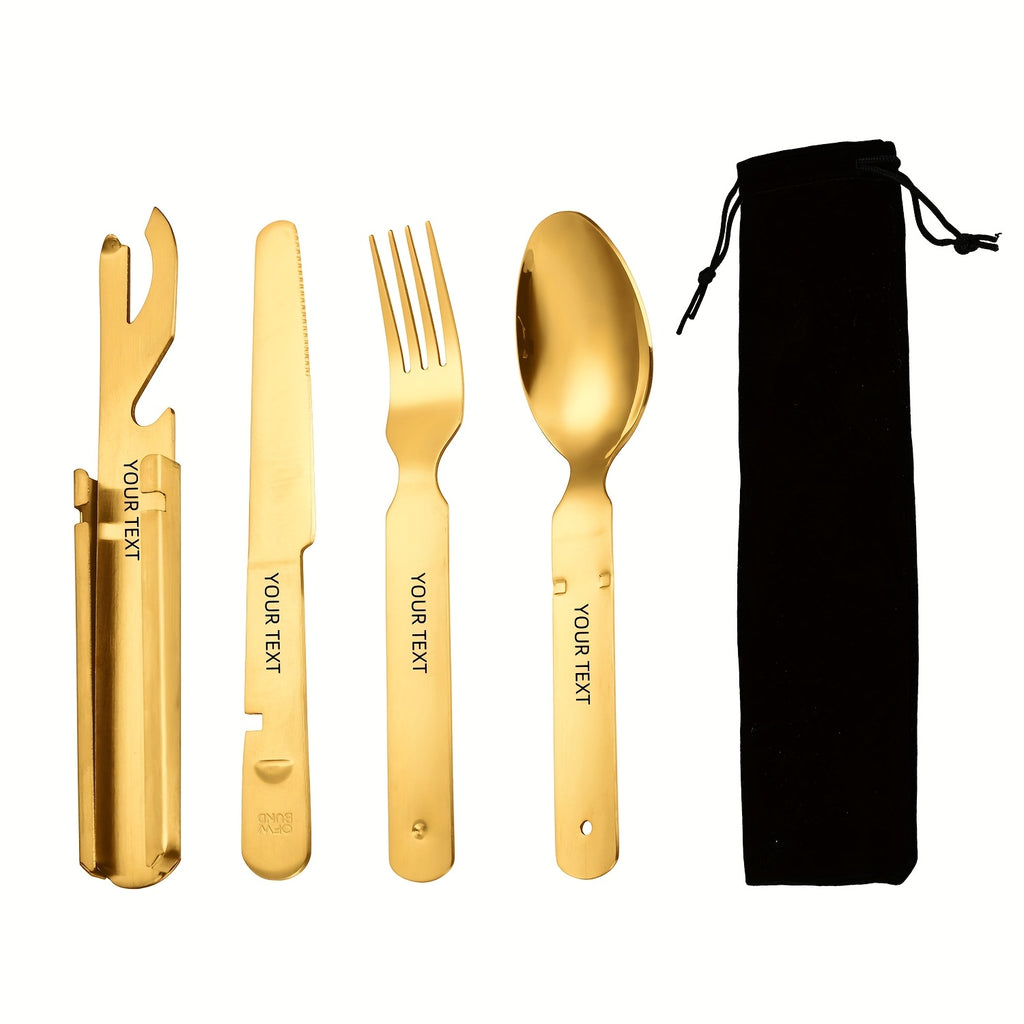 Personalized customization, 4pcs stainless steel portable outdoor tableware set - suitable for travel, equipped with knife, fork, spoon, bottle opener and storage bag - outdoor combination tableware, camping outdoor travel Golden, black and Silvery