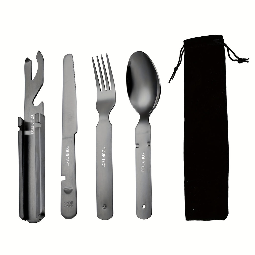 Personalized customization, 4pcs stainless steel portable outdoor tableware set - suitable for travel, equipped with knife, fork, spoon, bottle opener and storage bag - outdoor combination tableware, camping outdoor travel Golden, black and Silvery