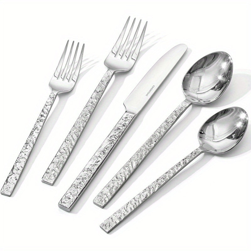 40pcs Hammered Silverware Set 8, 1810 Stainless Steel Heavy Duty Flatware Set, Tableware Cutlery Utensil Sets Home Restaurant Dishwasher Safe, Perfect for Thanksgiving, Christmas, Halloween, Easter, Mother'S Day, Father'S Day, Thanksgiving Decorations,