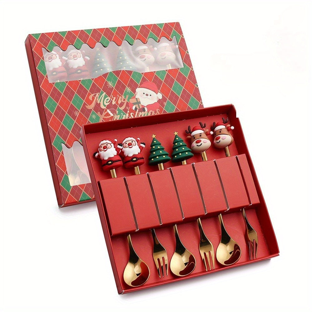 6pcs Stainless Steel Holiday Cutlery Set with Santa & Snowman Dessert Spoons and Forks - 410 Grade Rust-Resistant Christmas, Halloween, Thanksgiving & Eid al-Fitr Gift Box - Festive Tableware for Family Gatherings, Parties, and Seasonal Decorations -
