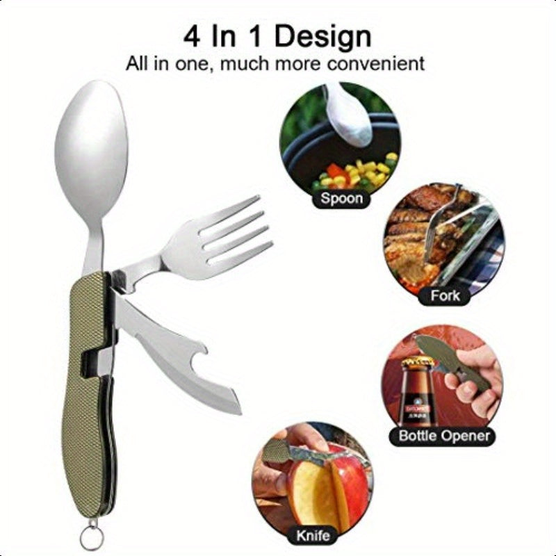 Set of 2 Portable Camping Cutlery with Detachable Design, 4-In-1 Stainless Steel Travel Utensils Including Foldable Knife, Fork, Spoon, And Bottle Opener, Multi-Functional Eating Flatware in Green And Black., Y Travel Practicalism Mens Liaoning