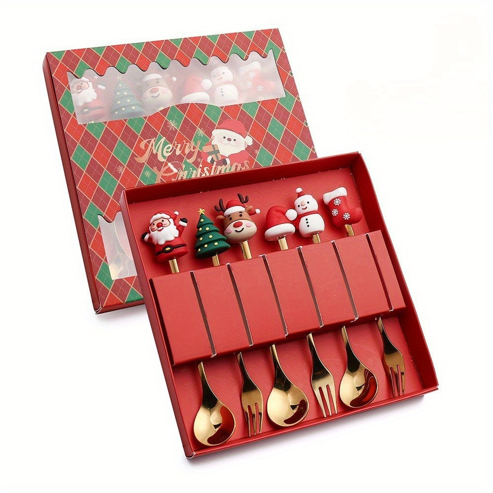 6pcs Stainless Steel Holiday Cutlery Set with Santa & Snowman Dessert Spoons and Forks - 410 Grade Rust-Resistant Christmas, Halloween, Thanksgiving & Eid al-Fitr Gift Box - Festive Tableware for Family Gatherings, Parties, and Seasonal Decorations -