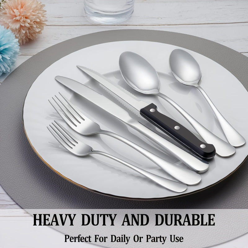 21pcs Portable Cutlery Set - Durable Outdoor Picnic Tools, Stainless Steel Camping Utensils with Steak Knives, Dinner Forks, Plates, Soup Spoons, Bottle Opener, Tongs & Storage Bag, Dishwasher Safe, Reusable for Travel, Backpacking, Camping, Parties, and